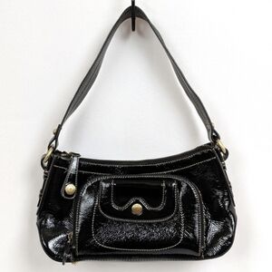 Perlina New York Baguette Bag Crinkle Patent Leather Organizer Pocket Y2K Black